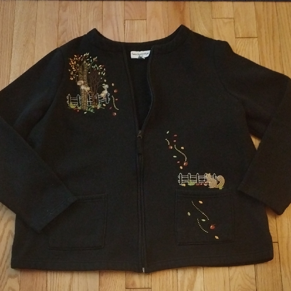 Breckenridge Black Sweatshirt Cardigan with Autumn Nature Embroidery